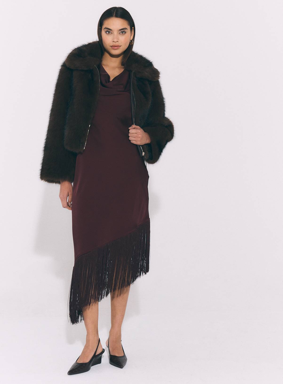 Dark Purple Satin Fringe Midi Dress 8 - Image 2
